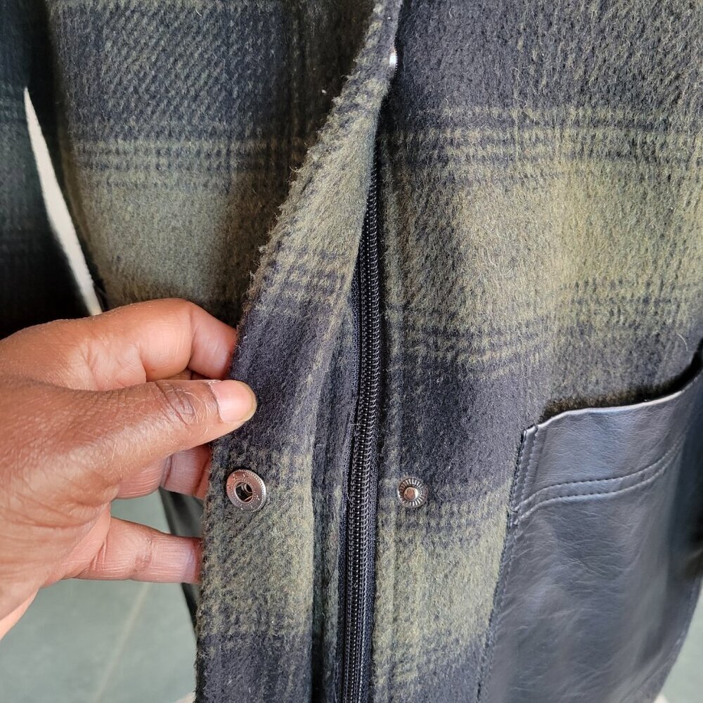 LAST CALL -Weatherproof Green Plaid Vegan Leather Mid Length Coat (Size: L) - Picture 11 of 16